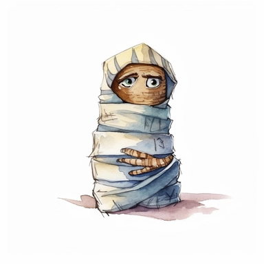 watercolor style, Mummy: A wrapped-up figure representing an ancient Egyptian mummy, depicted with bandages and glowing eyes. clipart, isolated on white background, 4K