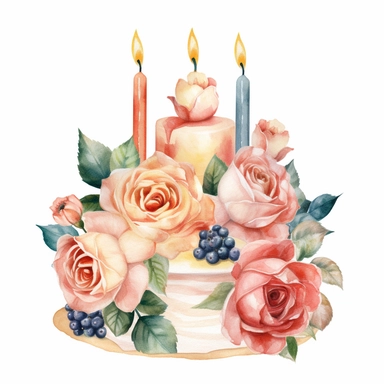 complex watercolor illustration of cute vintage floral pastel birthday cake with candles covered with pastel roses, isolated ,disney style,concept,art,8k,hd,watercolor,detailed,white backround,clipart