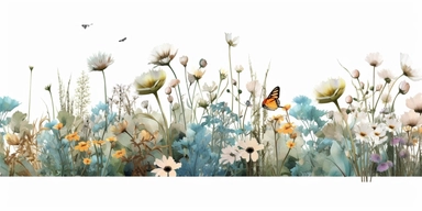 hand painted watercolor wild flowers wall decal, in the style of lucy grossmith, soft color fields, many shades of blue and turquoise colors, white background, many types of flowers, use of ephemeral materials, cottagepunk, large canvases, dreamy watercolor scenes, png clipart, transparent background