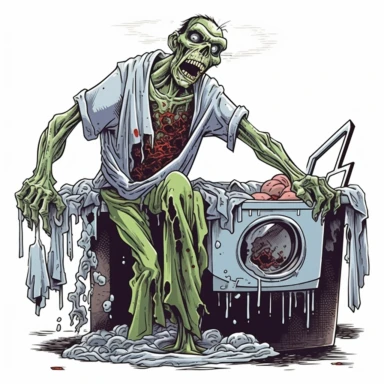CLIP ART of Occult UNDEAD ZOMBIE WALKER doing laundry, indifferent, dark, moody, hyper detailed, on white background