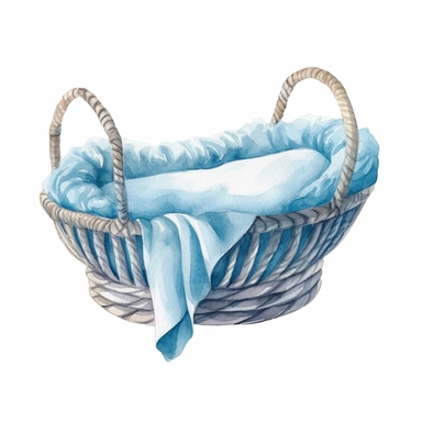 cute watercolor newborn boho Woven Macrame newborn bed, isolated white background, babyshower clipart, 8k, white light blue colors