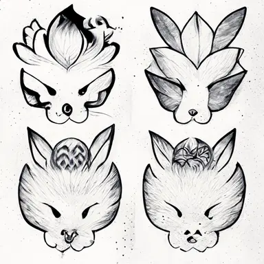 Pokémon style animal, tattoo flash sheet, separate images, black and white, sticker, line art, clipart, white border
