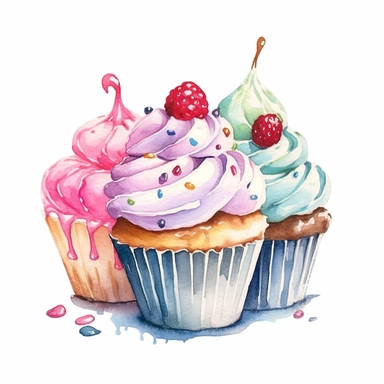 cup cakes with ice cream hd, on white background clipart water colour--ar 3:2