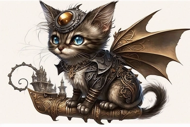 clipart, A beautiful cute cat with a steampunk-style mechanical bat on its back, hd, on white background,