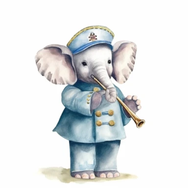 baby elephant as a marching band flute player, watercolor clipart, nursery style