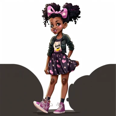 2d, beautiful vibrant full body happy african american adult mickey mouse woman clipart, dark brown face, pink ears, purple shoes, cartoon realistic