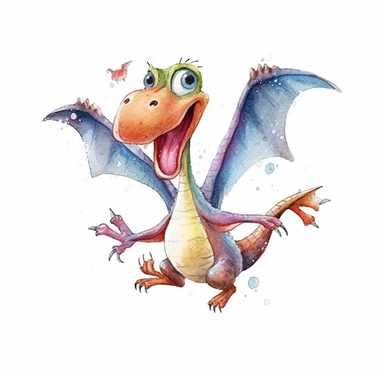 watercolored clipart with pterodactyl, funny and friendly, goofy, silly and playful dinosaur, colored, white background