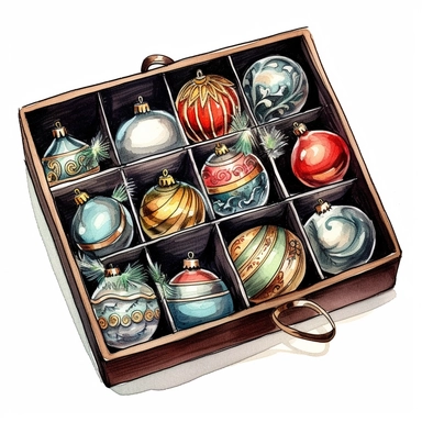 Ella bailey watercolour illustration with black gel pen outline style box of vintage christmas ornaments, high definition, 8k, insanely detailed, fine detail, sharp focus, illustration, white background, isolated clipart vector