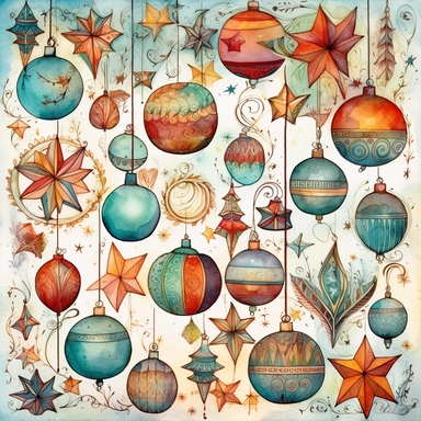 Watercolor line art, little squares filled with doodly patterns of  xmas ,ornaments and decorations , illustrations clipart set, simple, christmas colors , cartoon elements, different variants , stocking, bubble ornaments, xmas wreath, modern art, separate elements with a margin