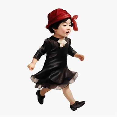 Singer Yoko Ono as a 2 year old toddler, wearing a classic black satin chanel dress, red shoes, red velvet bowler hat, gold silk scarf, dancing, irradiant facial expression, plain white background, clipart