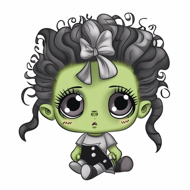 baby girl frankenstein with curly black and white hair, bow in hair, rods coming out of head, stitches on forehead, clipart