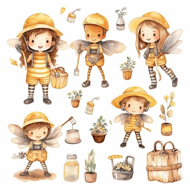 Watercolor boho beekeeping, illustrations clipart set, simple, soft colors, cartoon elements, different variants, cute little boy and girl beekeeping, separate elements with a margin