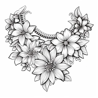 necklace with flowers Coloring book page , line drawing of Beautiful realistic flowers fantasy coloring book clip art simple, simple clean lines, bold outlines, black and white, on a white background