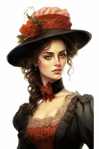Beauty victorian american, lady, looking left, victorian hairstyle, victorian hat, Victorian era clothing, beatiful smile, realistic portrait white background, high quality, hyper - realistic, Victorian Lady Clipart,