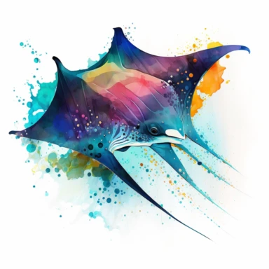 a vibrant manta ray swimming towards the ocean surface, vibrant colors, watercolor style, clipart, white background