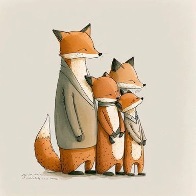 watercolor and ink drawing of a portrait of a family of three happy foxes, one mom fox, one dad fox, one baby fox, clipart, embracing each other, cute pose, cartoon, doodle, happy, smiling, beautiful watercolor ink wash coloring, thick pencil lines, Jon klassen, Adrian tomine, popular on etsy, watercolor illustrations clipart, watercolor illlustrations for kids and children, book illustrations, plain white background