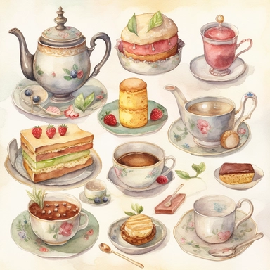 Watercolor vintage tea party items, illustrations clipart set, simple, soft colors, cartoon elements, different variants, teapot, sugar bowl, bun, jug of milk, cake stand, scones, china cup and saucer, , napkin, clotted cream, , knife, fork, jam, slice of cake on plate, tea cups, stacked teacups, lemondish, butter and bisciuits, , tea jars, , separate elements with a margin