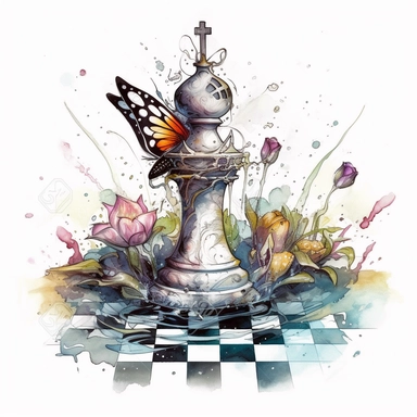 Clipart, White background. A chess piece within pond with wings and helo. Graaffitt, Abstract, fun, expression, colorful and detailed. Lined pencil illustration, ornamental watercolor, and a simple painting one brushstroke representing breaking free spiritually. Secret garden, steampunk, studio light, quill pen. Ink splatter, air bubbles, in the style of Jan van Huysum’s paintings, with a lush arrangement of ecosystems, sunlight, surrounded by forest, play of lighting and plant whimsical captiva