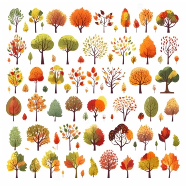 Element of cute autumn trees, shrubs, oak, birch, aspen, linden, fir, sun cliparts in vector illustration. white background.