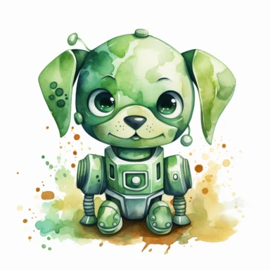 watercolor kawaii green robot dog clipart on a white background