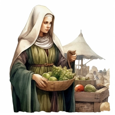 medieval woman selling in the market, stylish | COLOR THEME: dark green, olive green, army green, black, light pink | watercolor, clipart, hyperrealistic, white background