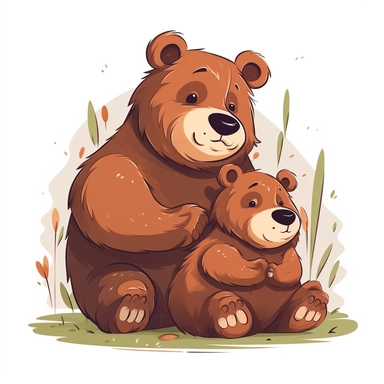 Clipart with cute bear family on white background. A big bear lovingly hugging or playfully interacting with the baby bear. Use different sizes of the bears to represent the relationships within the family