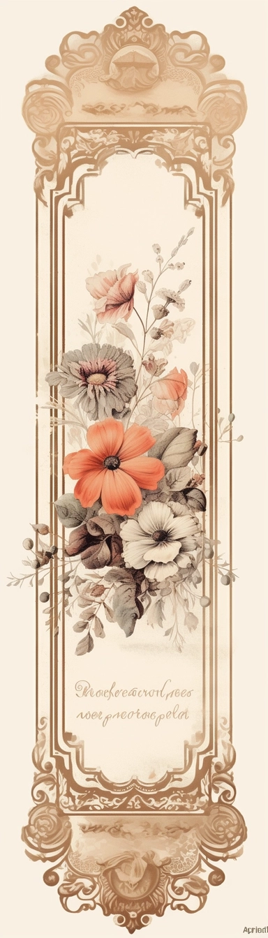 vintage inspired printable rectangle label with intricate sepia colored borders and hand drawn details. detailed with soft watercolor flowers at top edge only. No text. Isolated clipart on solid white background