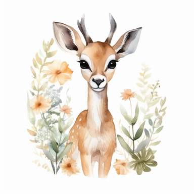 a sweet gazelle with kind eyes clipart with watercolor illustration,full body shot,8k,etsy style, white background