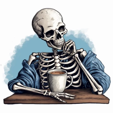 a clipart of a tired skeleton drinking hot cup of coffee trying to stay awake, vintage style, clear transparent background