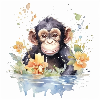 Baby Chimpanzee swimming watercolor Clipart, floral, white background, cute