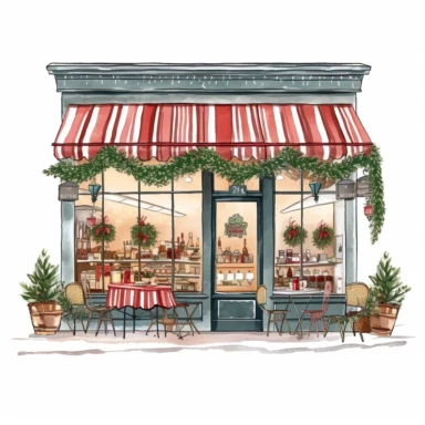 Christmas Restaurant Storefront Clipart , create Hang garlands or fairy lights around the outdoor seating area. Set up a hot cocoa or mulled wine station with festive mugs and garnishes. Place a small Christmas tree or a centerpiece on each table. single object ,hand drawn illustration, no shadow, cozy ,soft color , warm ,white background with margins, hand drawn illustration,highly detailed ,white background for removing background