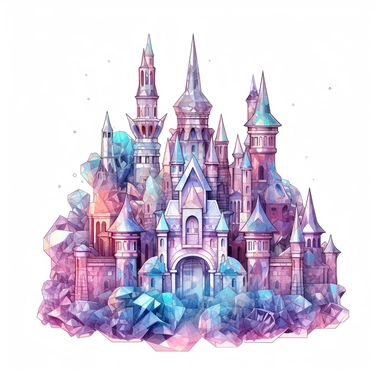 Cute Beautiful Pastel Magic Crystals Castle Sublimation Clipart,Cartoon, hyper realistic, intricate detail, illustration style,high solution,on the white background