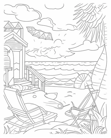 Adult Coloring Book Featuring Fun and Relaxing Beach Vacation Scenes, Peaceful Ocean Landscapes and Beautiful Summer Designs, coloring page line art, black and white clipart for a kids coloring page, simple and clean line art, illustration style,