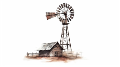 Envision a classic western windmill, standing alone against a stark white background. The windmill is a symbol of the old west, with its wooden structure and spinning blades. The medium is a clipart style, with clean lines and a minimalist aesthetic. The style is reminiscent of vintage western illustrations, with a focus on the iconic silhouette of the windmill. The lighting is neutral, with the white background providing a stark contrast to the dark outline of the windmill. The colors are monoc