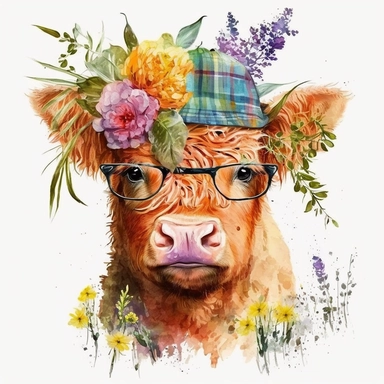 Vibrant watercolor clipart: highland calf amidst flowers, wearing hats and glasses. Playful and charming. HD. Resolution: