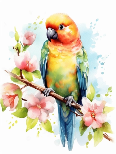 A cute happy parrot sitting proudly on a spring branch, baby, looking off into the camera, with a few spring blossoms and leaves framing the scene, vivid colors, watercolor by Thomas W. Shaller, clipart, solid background, no watermark, 8k, on white background