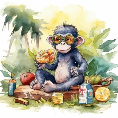 Ape baby with sunglasses having a picnic, clipart, watercolor, anime