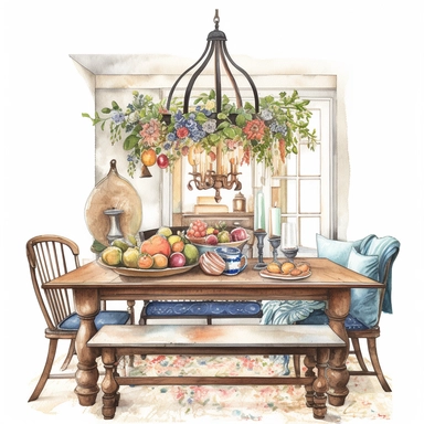 watercolor, hyper realistic, white background, white margins, 16k, ultra detailed clipart, cut out image, hand-drawn, whimsical a cozy dining room with a large farmhouse table and bench seating, decorated with a vintage floral tablecloth and a hanging chandelier