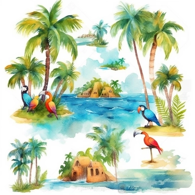 Tropical island beach clipart set isolated on white, watercolor, turquoise, blue parrot, - - no photograph