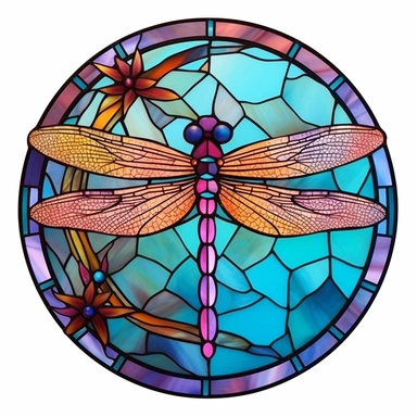 Vintage Cute Beautiful Colorful Round Faux Stained Glass Dragonfly Sublimation Clipart,Cartoon,hyper realistic, intricate detail, illustration style,high solution,on the white background