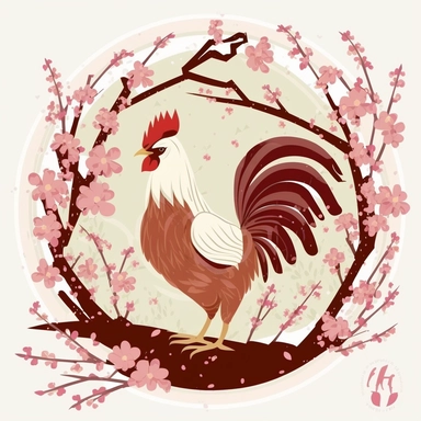 rooster on a carpet of cherry blossoms, pink ground, under a tree branches without blossoms, white background, flat, simple, vector, clipart, cute, cheeky, cartoonish