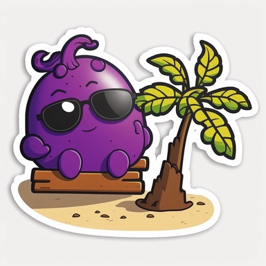 purple fig sunbathing on a beach, cartoon clipart, sticker