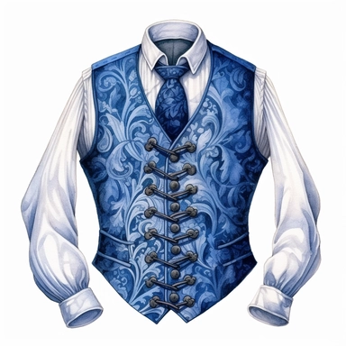A beautifully patterned Victorian waistcoat in varying hues of captivating blue, hinting at the gentleman's mysterious demeanor, Clipart, watercolor, white background, intricate detail.