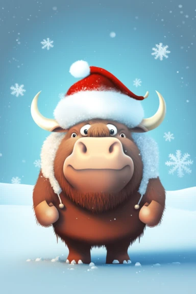 no text, winter wonderland background with snow and snowflakes, 3d whole body clipart of a smiling, friendly bison, wearing a santa clause hat, christmas vibes, cartoon network style, friendly face, head unproportionally bigger than body, detailed body shape, front shot, insanely big shiny eyes, caricatured face, insanely glossy, plastic like fur and skin, unrealistic, 8k photography, cinematic, super cute face, Photography, Ultra-Wide Angle, Depth of Field, hyper-detailed, beautifully color-cod