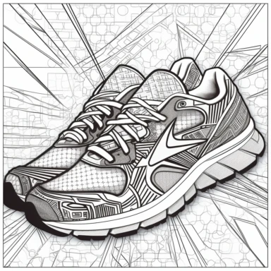 Coloring Page of Brooks Ghost: Design coloring pages showcasing the popular Brooks Ghost running shoes, offering options to color the breathable mesh and supportive overlays, glitter patterns around as a background, shoe Geometric style, clipart black and white, no fill