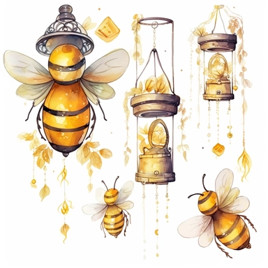 whimsical watercolour clip art, clear glass windchime bee, beehive theme