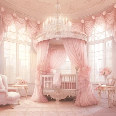 panoramic view, full view, beautiful elegant royal baby girl nursery room drawing painting, frilly, romantic, fantasy, ethereal, light pink and white colors, beautiful crib with beautiful full flowing canopy, beautiful bling crystal chandelier, soft pink teddy bear, beautiful large Victorian style window with beautiful pink flowing drapes, faux fur rug, sharp focus, high detail, 8k, illustration clipart style, transparent background
