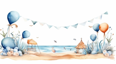 watercolour illustration, cute wet beach sand towers with sea shells blue balloon arch, seaside themed scene, balloon arch and blue pastel fans, fairy tale, blue fairy tale, fans and balloons, clipart, sublimation graphics, by Beatrix Potter, watercolour clipart, unique design, print on demand image, transparent PNG background, white background, 8k
