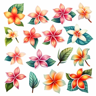 Colorful plumeria Clipart Set in the style of amanda clark - flowers, leaves, buds, tropical flowers clip art set