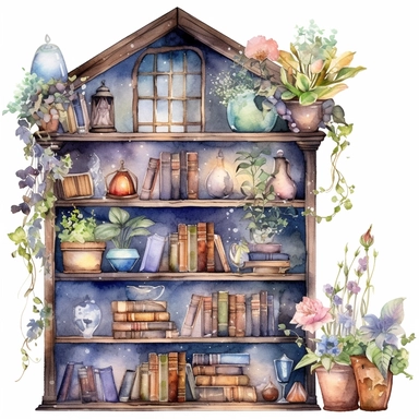 watercolor clipart of rustic antique bookshelves, magical atmosphere, florals, sparkles